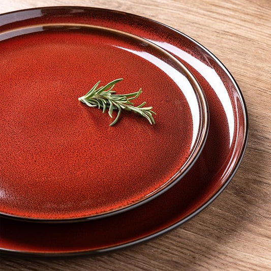 LeRatio Ceramic Dinnerware Sets for 6,Porcelain Plates and Bowls Sets,Handmade Reactive Glaze Dishes Set,Chip Resistant and Scratch Resistant | Oven&Dishwasher & Microwave Safe-Red(18PCS)