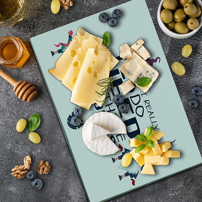 Ambesonne Saying Cutting Board, Yes I Really Do Need All These Gnomes Christmas Garden Theme Xmas Winter Season, Decorative Tempered Glass Cutting and Serving Board, Large Size, Sky