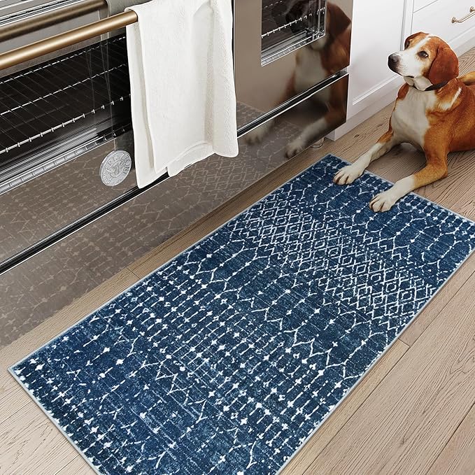 Lahome Moroccan Runner Rugs for Hallway - 2x4 Bathroom Rugs Non-Slip Small Throw Kitchen Carpet Low-Pile Mat for Entryway Laundry Room Mat Geometric Indoor Carpert for Entrance Bath (Blue,2'x4')