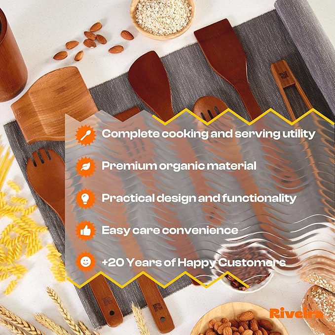 Riveira Premium Brown Bamboo Wooden Spoons for Cooking Set of 9 – Premium Brown Bamboo Wooden Cooking Utensils, Wooden Spatula, Wooden Spoon - Premium Quality Wooden Utensil Set for Non-Toxic Cooking