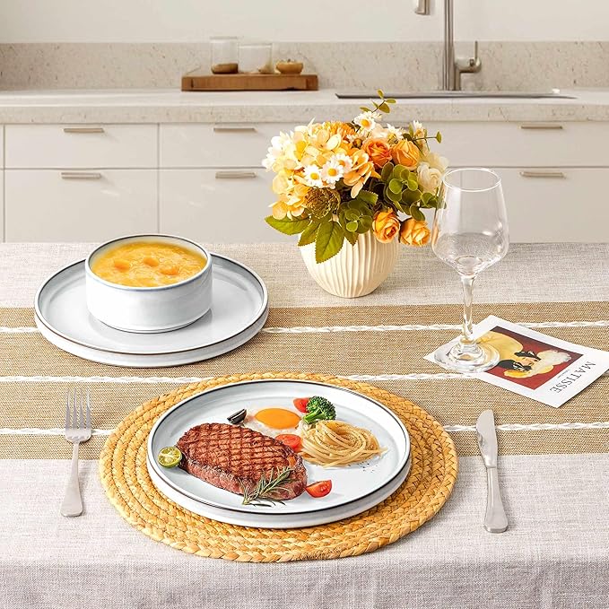 LIANYU 18 Piece Dinnerware Sets for 6, Stoneware Dinner Plates and Bowls Set, Dishware Dish for Home Kitchen Dining, Rustic Terracotta Bottom, Dishwasher & Microwave Safe, Lucent White