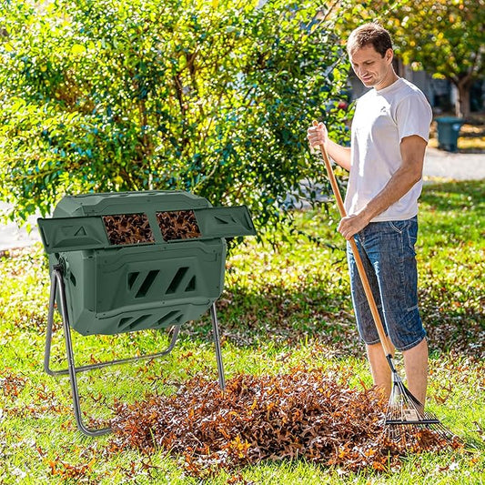 Goplus Compost Bin, Outdoor 42-Gal Dual Chamber Composting Tumbler w/2 Sliding Doors, Heavy-Duty Metal Frame, 360° Rotatable Tumbling Composter, BPA-Free Compost Tumbler for Kitchen Garden Yard Waste