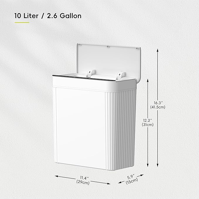 EKO Brio 10L/2.6 Gallon Motion Sensor Trash Can, Automatic Touchless Bathroom Garbage Bin, Waterproof Smart Trash Can for Kitchen, Bedroom, and Office, White