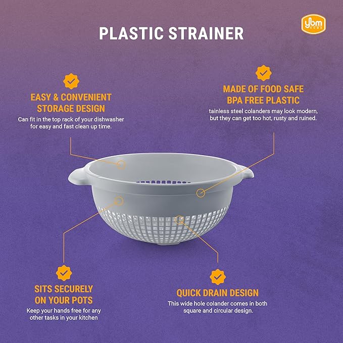 YBM HOME Deep Plastic Strainer Colander with Handle – Made of Food Safe BPA-Free Plastic - Durable and Dishwasher Safe - Use for Pasta, Noodles, Spaghetti, Vegetables and More (3, Gray)