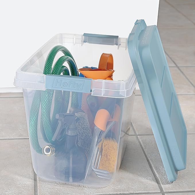 Hefty HI-RISE 32 Qt Stackable Storage Bins with Lids – 6 Pack Clear Plastic Under Bed Storage Containers, Shoe Organizer Boxes with XL Lid-Locking Latches, Comfort-Grip Handles, Durable Double Rim
