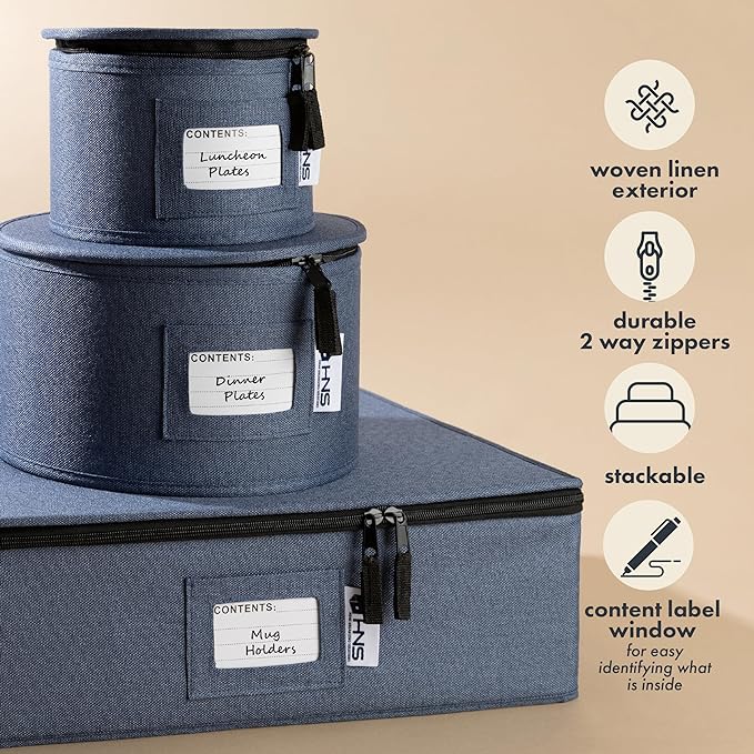 Hard Shell China Storage Containers 5-Piece Set Moving Boxes for Dinnerware, Glasses, Plates, Mugs and Saucers Sturdy Dish Organizer with Dividers for Seasonal Storage - Service for 12 - Denim Blue