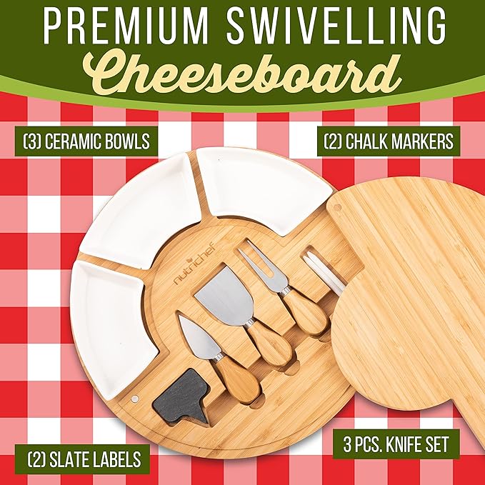 NutriChef Bamboo Natural Cheese Board Set with Bonus Condiment Cup-Extra Large Size 100% Home Organic Wooden Plate and Charcuterie Tray with 4 pcs Cutting Knife Slicer, 13" Round