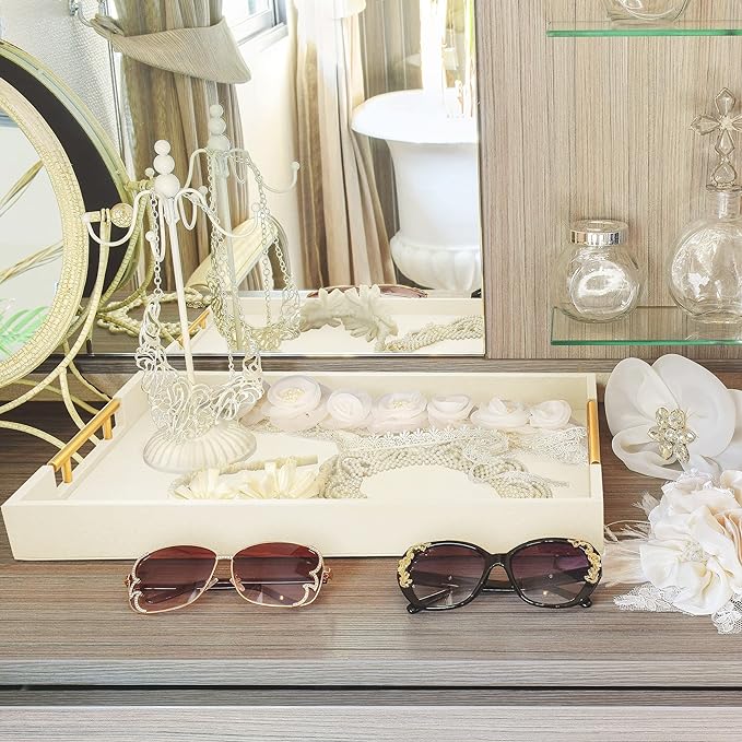 17" x 12" Wood Serving Tray with Gold Polished Metal Handles, Home Decorative Wooden Rectangle Ottoman Leather Decor Platter Bathroom Vanity Tray for All Occasions White