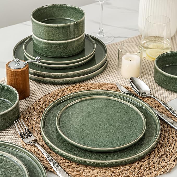 AmorArc Ceramic Dinnerware Sets, Handmade Reactive Glaze Stoneware Plates and Bowls Sets,Highly Chip and Crack Resistant | Dishwasher & Microwave Safe Dishes Set, Service for 4 (12pc)