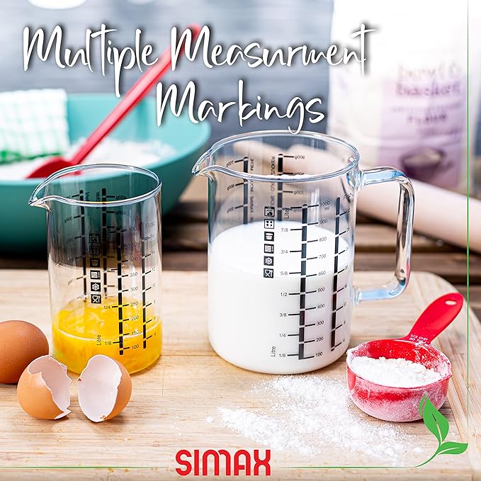 Simax Glass Measuring Cup, Durable Borosilicate Glass, Pack of 2 includes 32 oz and 16 oz Easy to Read Metric Measurements in Liter, Milliliter, Ounce, Sugar Grams, Drip Free Spout, Microwave Safe