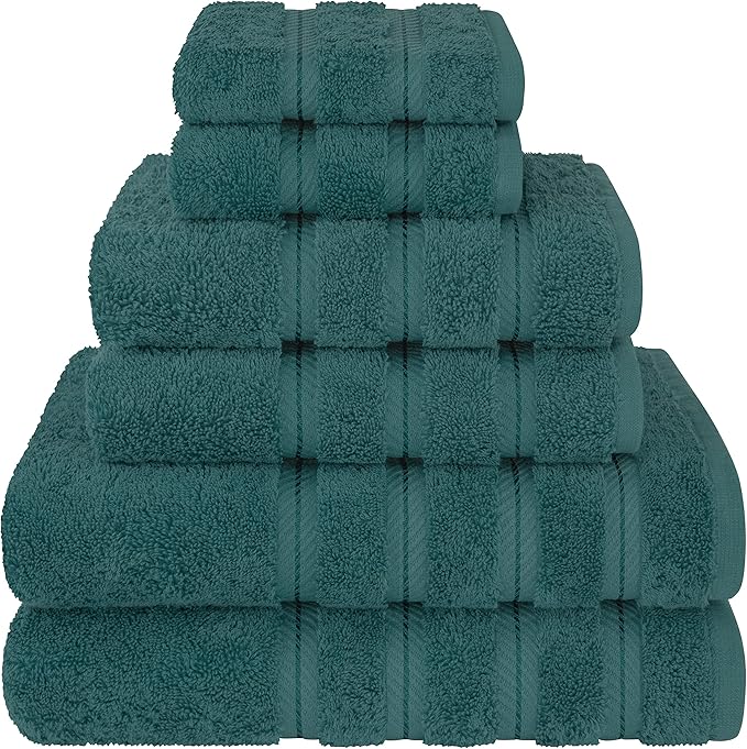 American Soft Linen Luxury 6 Piece Towel Set, 2 Bath Towels 2 Hand Towel 2 Washcloths, 600 GSM 100% Cotton Turkish Towels for Bathroom, Teal Towel Sets