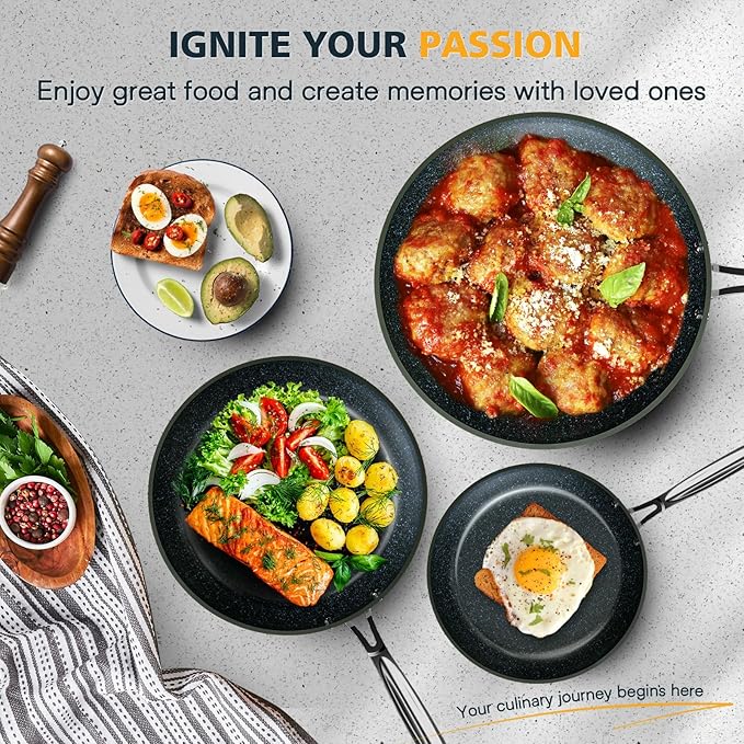 Nuwave 3-Piece 8”, 10”, 12” Forged Lightweight Frying Pan Set, G10 Healthy Duralon Blue Ceramic Ultra Non-Stick, Ergonomic Stay-Cool Handles, Induction-Ready & Works on All Cooktops