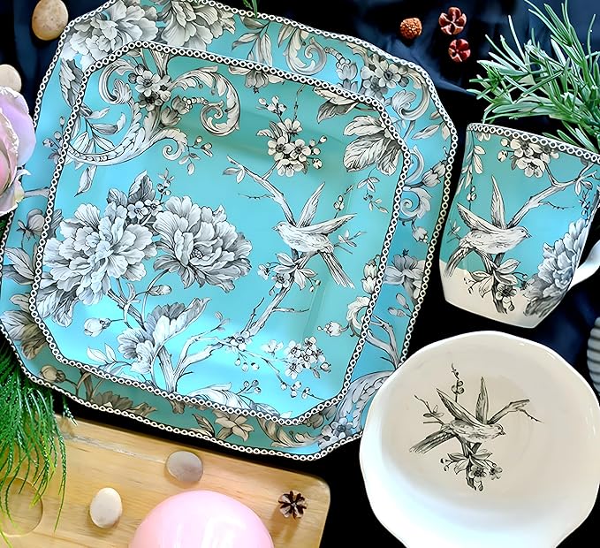 222 Fifth Adelaide 16-Piece Square Floral Dinnerware Set – Service for 4, Turquoise Porcelain Plate, Bowl & Mug Set, Chip Resistant, for Everyday Dining & Entertainment, Microwave & Dishwasher Safe