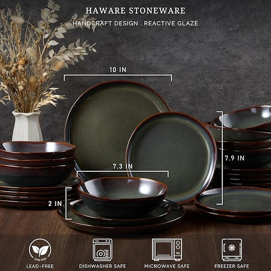 HaWare Plates and Bowls Set, Stoneware Dinnerware Sets, 12-Piece Hand-painted Dishware for 4, Ceramic Dinner Set for Home Kitchen, Scratch Resistant, Microwave and Dishwasher Safe, Reactive Moss Green