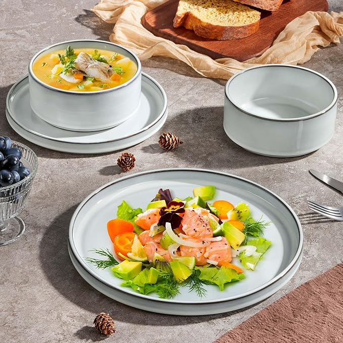 Herogo 12 Pieces Stoneware Dinnerware Set for 4, Ceramic Dinner Dishware Sets for Home Kitchen, Plates and Bowls with Rustic Terracotta Bottom, Dishwasher & Microwave Safe, Icy White