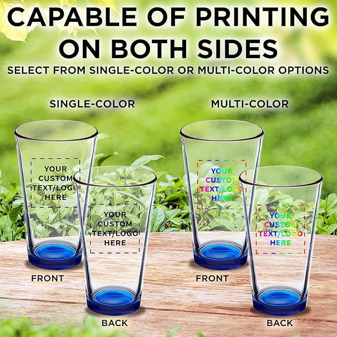 DISCOUNT PROMOS Custom Beer Pint Glasses 16 oz. Set of 10/50/100, Personalized Bulk Pack - Heavy Duty Glassware for Restaurant, Thick Base and Walls, Stackable - Blue