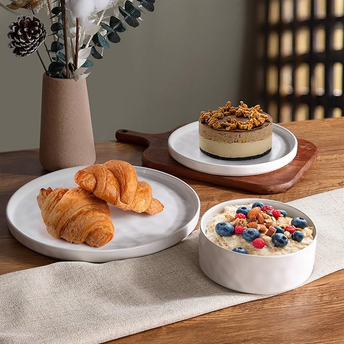 LIANYU Dinnerware Sets for 4, 12 Piece Stoneware Dinner Plates and Bowls Dish Set, Kitchen Dining Speckled Tableware Dishware, Microwave & Dishwasher Safe, Polar White & Serenity Blue