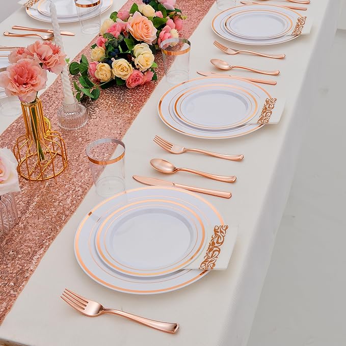 350PCS Rose Gold Plastic Plates for 50 Guests, Rose Gold Disposable Plates for Party Wedding-Dinnerware Set Include 50Dinner&Salad Plates, 50Silverware Set, 50Napkins, 50Cups