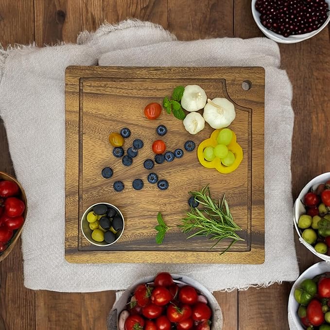 Acacia Wood Steak Plates, Square 12" x 12", Set of 2 Durable Joint Free, Cutting and Serving Board Displaying Continuous Grains of Solid Wood, Perfect for Steak Dinner, with Juice Groove