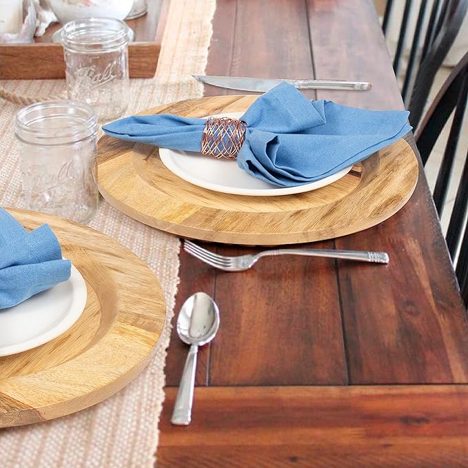 CLEENTABLE Wooden Serving Platter Set of 2-13" Handcrafted Serving Plates - Round Rustic Natural Tableware for Indoor/Outdoor Dining, Weddings, Holidays, Party, Sushi, Dinnerware (Natural)