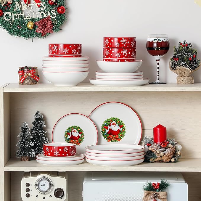 MALACASA Plates and Bowls Sets, 24 Pieces Christmas Porcelain Dinnerware Set for 6, Ceramic Dishware Dishes White Kitchen Dinner Dining Ware Set, Microwave and Dishwasher Safe, Series LUNA-Santa Claus