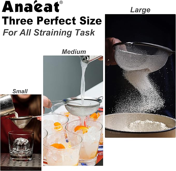 Anaeat Fine Mesh Strainers - Premium Stainless Steel Colander Sieve Sifters, with Durable Mesh and Sturdy Handle, Excellent for Sifting Dry ingredients, Flour, Pastas, Rice, Tea (4.73")