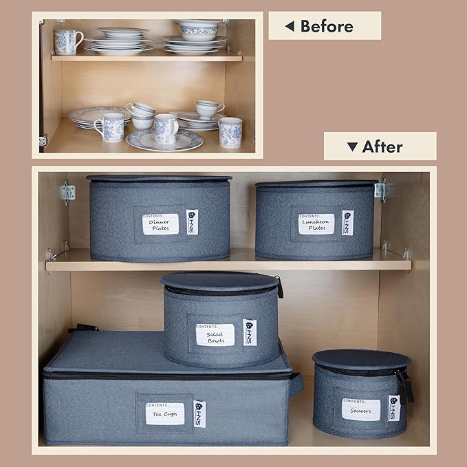 Hard Shell China Storage Containers 5-Piece Set Moving Boxes for Dinnerware, Glasses, Plates, Mugs and Saucers Sturdy Dish Organizer with Dividers for Seasonal Storage - Service for 12 - Denim Blue
