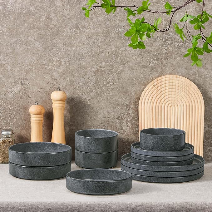 Herogo Dinnerware Dishes Sets with Salad Bowls, 24 Piece Plates and Bowls for 6, Dishwasher & Microwave Safe Ceramic Stoneware for Kitchen, Dark Gray
