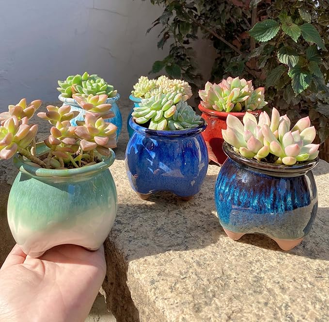 4PCS Small Ceramic Succulent Pots,Cute Glazed Handcraft Succulent Planters with Drainage Hole,3.8 inch Pots for Plants