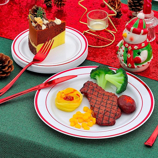 300PCS Christmas Plates Dinnerware, Red Dinnerware Set for 50 Guests, White and Red Christmas Disposable Plates for Party-50 Dinner Platos,Dessert Plates, Silverware Set
