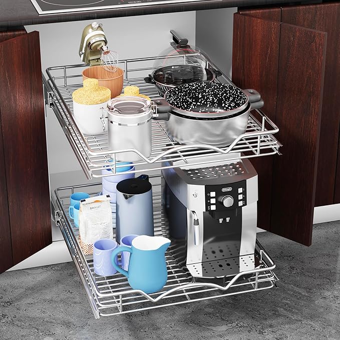 HOLDN’ STORAGE Two Tier Pull Out Cabinet Organizer, Individual Sliding Drawers - Heavy Duty Metal with Lifetime Limited Warranty - Anti Rust Chrome Finish - 30" W x 21”D x 16.5" H