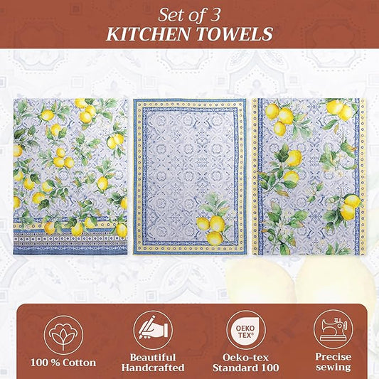 Maison d' Hermine Kitchen Towels Set of 3 100% Cotton 27.50" x 20" Reusable Cloth Tea Dish Towels Absorbent with Hanging Loop for Kitchen, Home, Dining, Cocktail Parties Spring/Summer (Citrus)