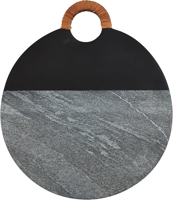 Mud Pie Round Black Wood Marble Board; 16" x 14"
