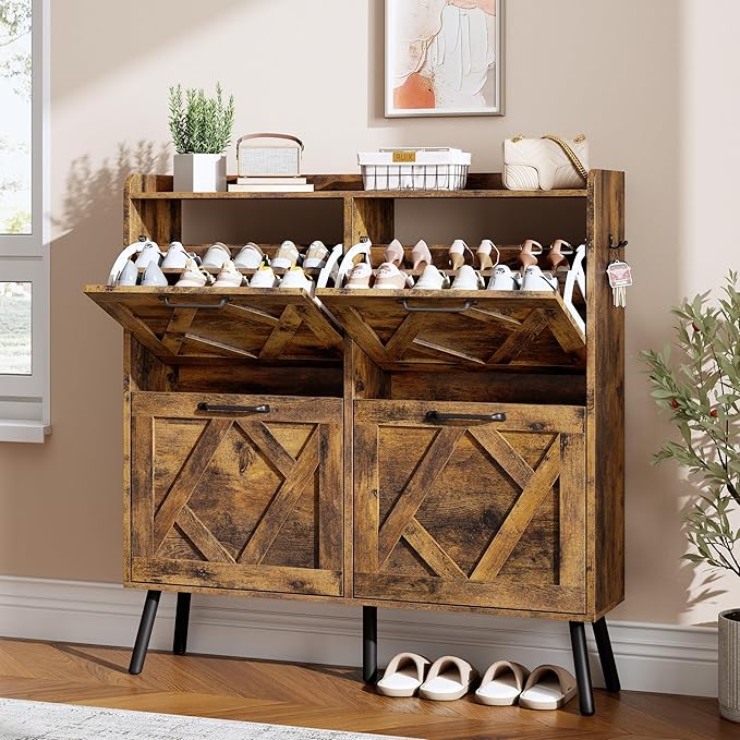 Nicetree Shoe Cabinet with 4 Flip Drawers, Freestanding Shoe Storage Cabinet with Metal Legs, Farmhouse Narrow Shoe Rack Cabinet for Entryway, Foyer, Hallway, Rustic Brown