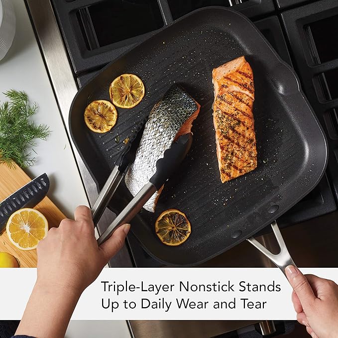 KitchenAid Hard Anodized Induction Nonstick Square Grill Pan/Griddle with Pouring Spouts, 11.25 Inch, Matte Black
