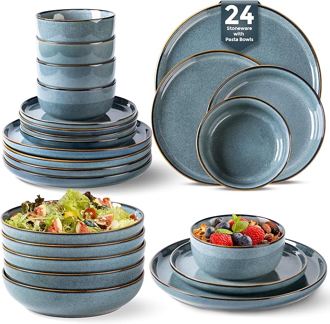 GBHOME 24 Pieces Double Bowls Ceramic Dinnerware Sets for 6, Stoneware Plates and Bowls Set with Reactive Glaze, Scratch Resistant Stoneware Dishes Set, Dishwasher & Microwave Safe