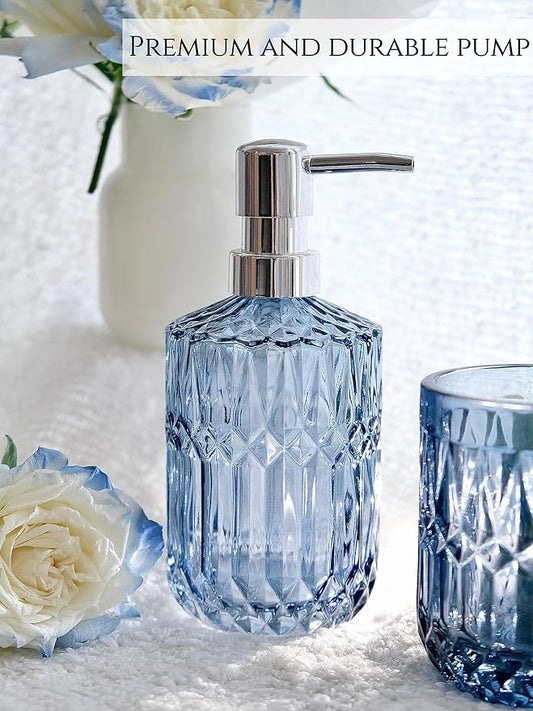 Blue Bathroom Accessories Set, 5Pcs Clear Glass Bathroom Accessories, Hand Soap Dispenser, Soap Dish, Toothbrush Holder Set, Qtips Holder for Crystal Vintage Bath Countertop Decor, Gift Set