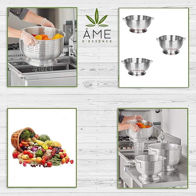 (12-QT) Aluminum Colander with Handles and Base Heavy Duty Commercial Grade