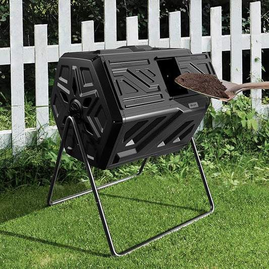 43 Gallon Compost Bin with Gloves, Fast Assembly & Easy Setup Outdoor Compost Tumbler, Updated Dual Chamber Tumbling Composter for for Garden, Kitchen, and Yard Waste, Black