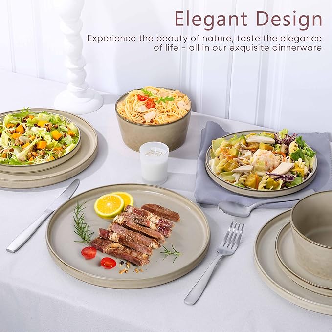 Herogo 18 Pieces Dinnerware Set Service for 6, Dinner Plates and Bowls Sets, Reactive Glaze Stoneware Dishes for Kitchen, Chip and Crack Resistant, Microwave & Dishwasher Safe, Cream Khaki
