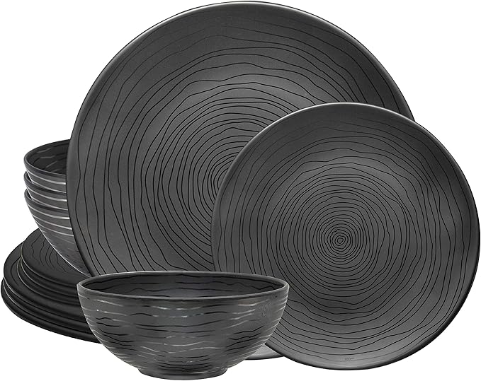 Bzyoo 12 Piece Melamine Dinnerware Set - Durable, Dishwasher Safe Organica Black Plates and Bowls Sets Casual Dish Set for Dining, Outdoor and Kitchen