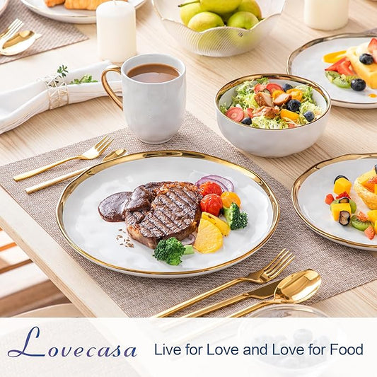LOVECASA 16 Pieces Plates and Bowls Sets, Porcelain White and Gold Dinnerware Sets, Round Dinner Plates Dishes Set Service for 4, Dishwasher Safe and Scratch Resistant, White