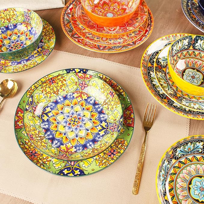 Mandala Dinnerware Sets (16 PCS) Serves for 4, Porcelain Dishes Set, Microwave and Dishwasher Safe, Scratch Resistant, Bohemian Style Dining Ware Service for 4, Colorful No.3