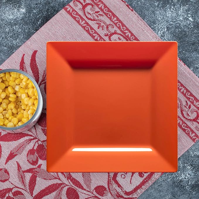 Smarty Had A Party Disposable Plastic Dinnerware, 9.5" Heavy Duty Square Orange Plates for Parties and Events, Bulk Supplies for All Occasions (120 Count)