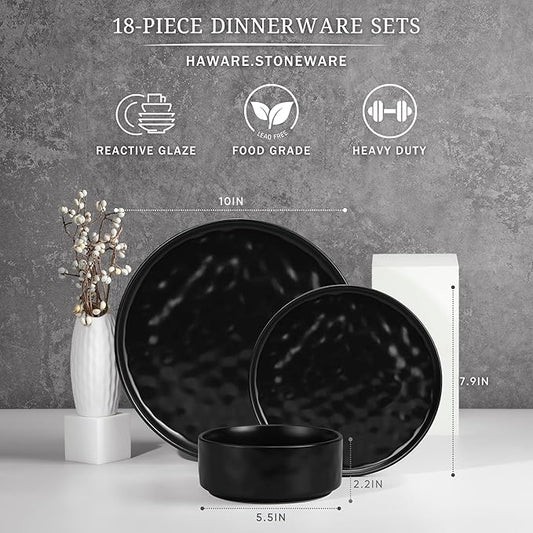 HaWare Dinnerware Sets, 18-Piece Plates and Bowls Set, Stoneware Dish Set for 6, Ceramic Dinnerware for Home Restaurant, Chip and Scratch Resistant, Microwave and Dishwasher Safe, Matte Black