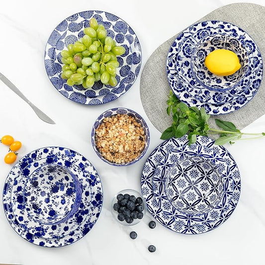 LEHAHA 12 Pieces Modern Porcelain Dinnerware Set,Service for 4, Ceramic Plates and Bowls Sets, Kitchen Dinner, Salad, Dessert Plate and Cereal Bowl Set, Ceramics Dishes Set, Blue and White