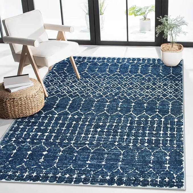 Lahome Moroccan Blue Carpet for Living Room - 4x6 Area Rug Non-Slip Ultra-Thin Soft Bedroom Rug Stain Resistant Modern Carpet with Geometric Print, Suitable for Office, Kitchen, Entryway, Dining Room