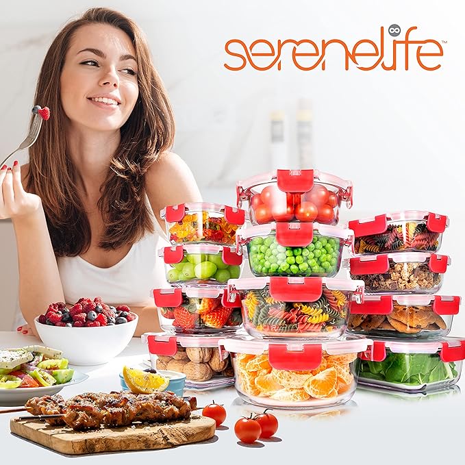 SereneLife 24 Piece Glass Storage Containers with Lids, 12 Pack Glass Meal Prep Container Set for Lunch, Kitchen Storage, Food Storage, Leak Proof, Freezer Safe and Dishwasher Safe, Red