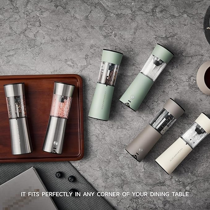 Gravity Electric Salt and Pepper Grinder Set 2-Pack - USB-C Rechargeable Base, Auto LED Light for BBQ/Camping, Adjustable Coarseness & Large Capacity - Stainless Steel (Morning Haze)