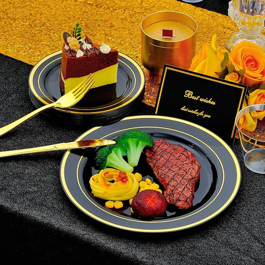 350 PCS Black and Gold Dinnerware Set for 50 Guests, Black Christmas Disposable Plates with Gold Rim for Party -50 Dinner Plates, Dessert Plates, Silverware Set,Napkins and Cups